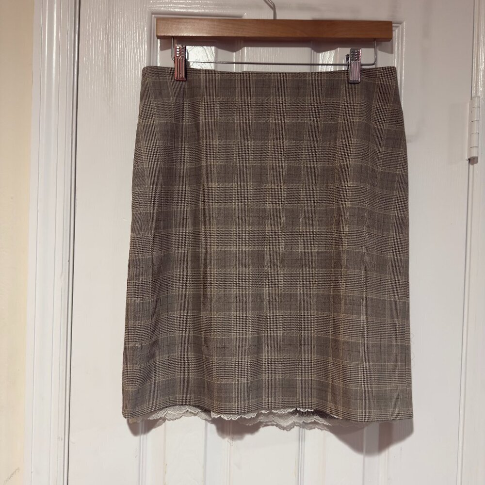 JOSEPH France Houndstooth Skirt Size 40 Lace Black‎ Tan Office Luxury Wool